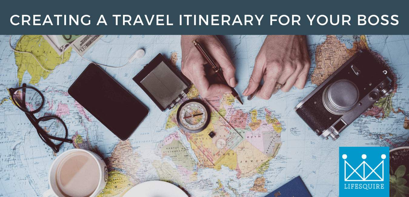 A picture of a map with compass and two hands marking a location. The top of it shows the title of the blog post in a banner that reads "Creating a travel itinerary for your boss"